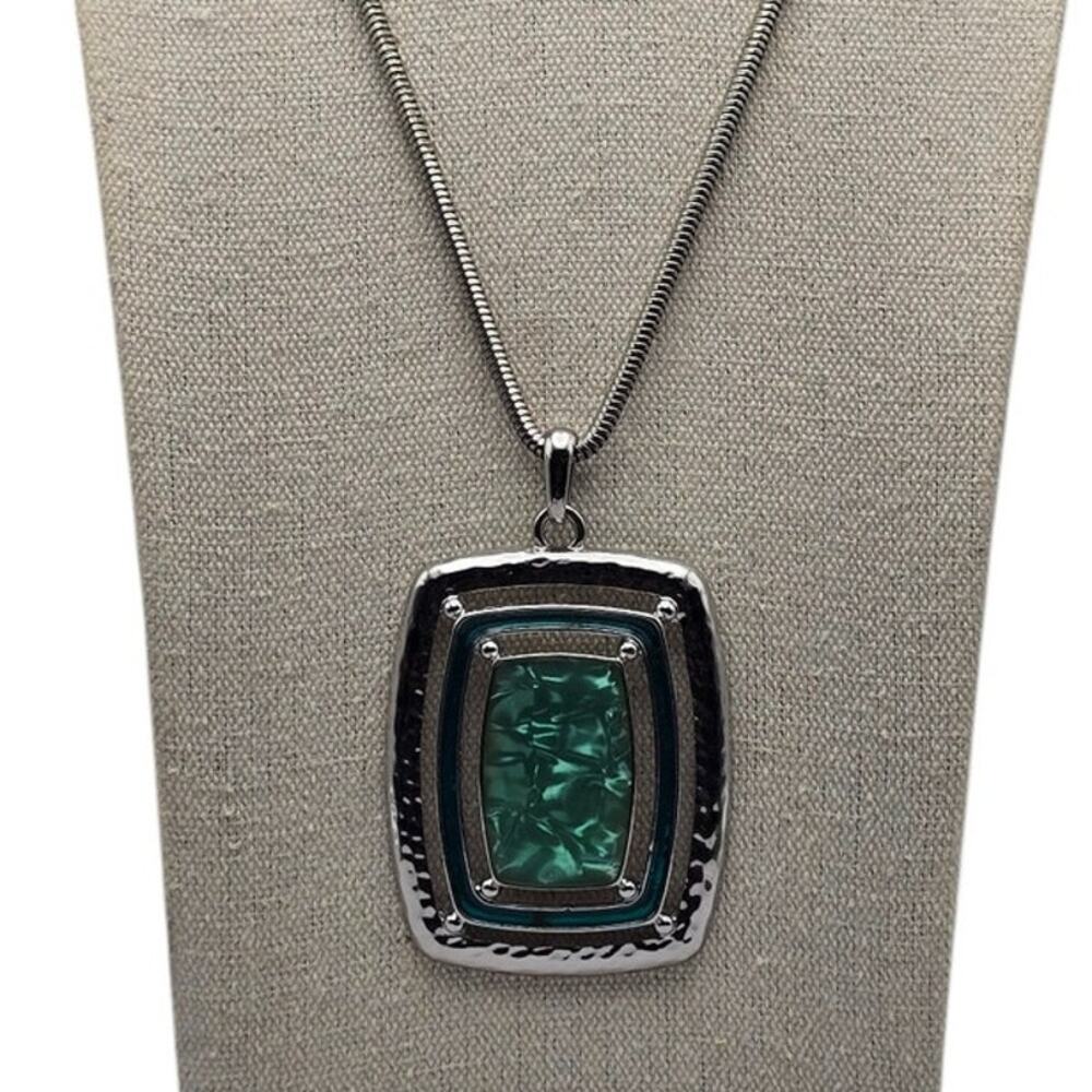 Chico's Teal Green Statement Pendant Necklace Snake Chain - Modern Chic